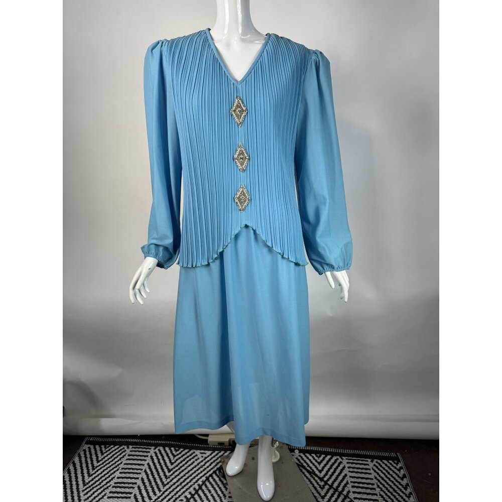 Boston Maid Vintage 70s Pleated Blue Dress W/ Beaded Diamond Details Size 16